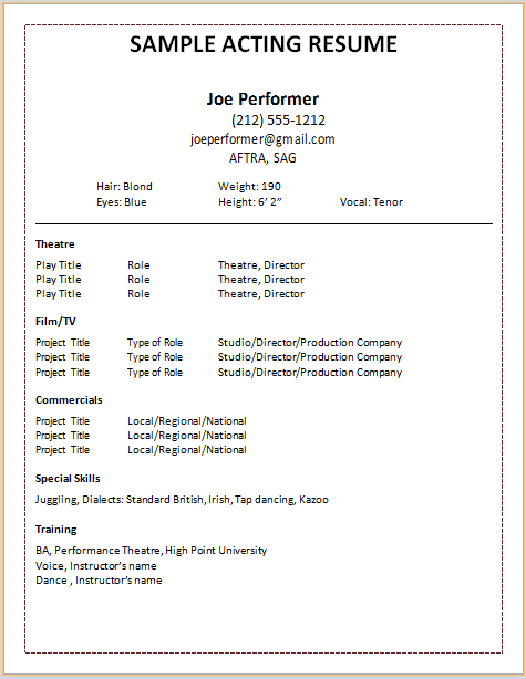 Resume Template For Actors acting resume template