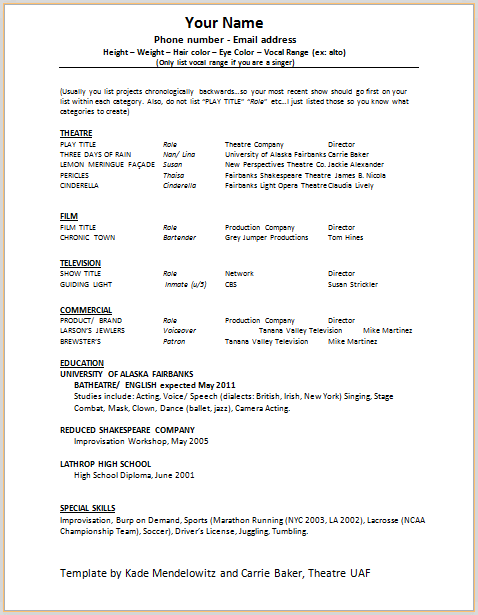 Beginning acting resume sample