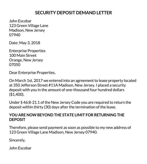 Sample Demand Letter For Return Of Security Deposit Florida
