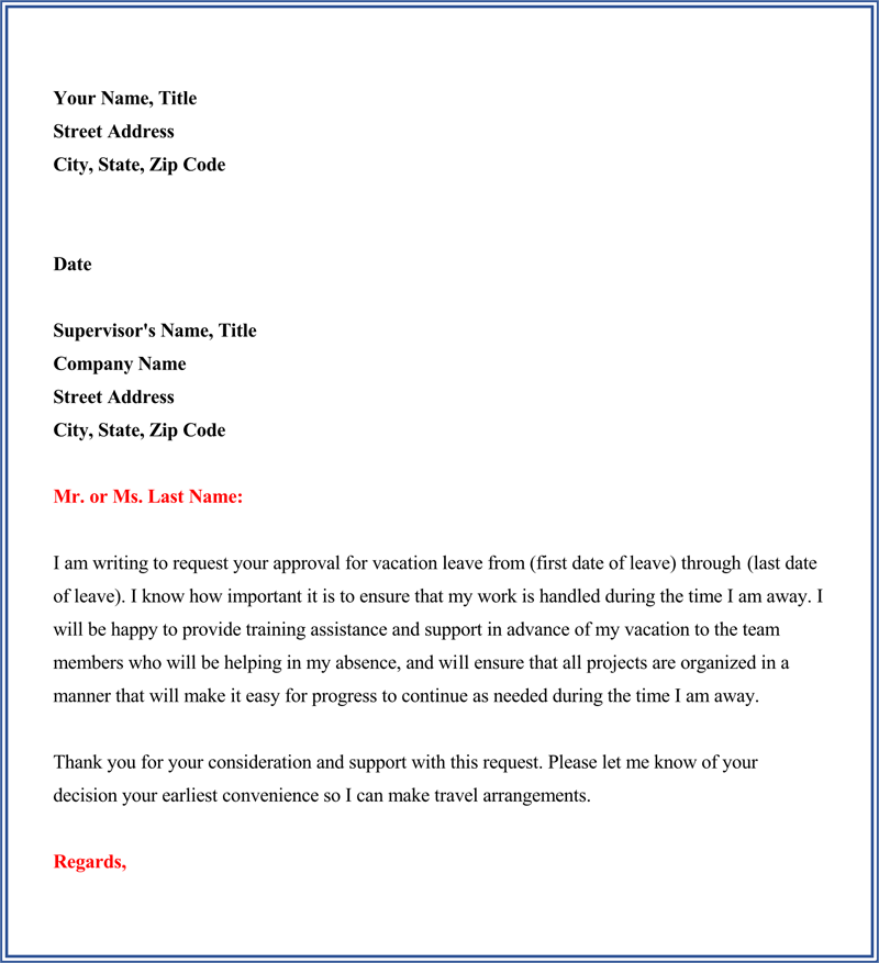 Sample of Vacation Request Letter