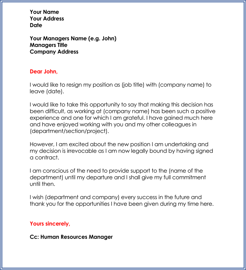 Sample of Resignation Letter