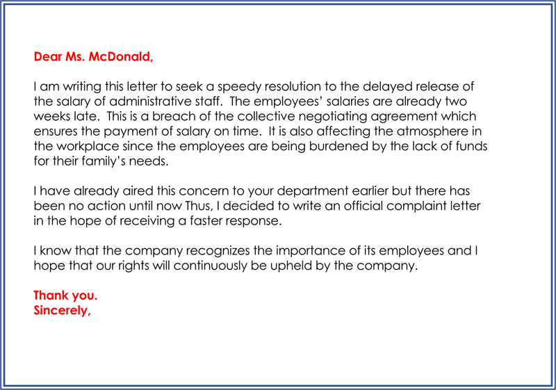 Sample of Employee Complaint Letter