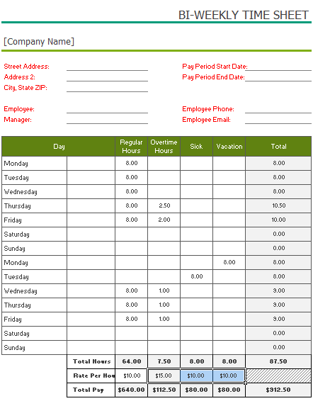 free printable bi weekly timesheet template for excel