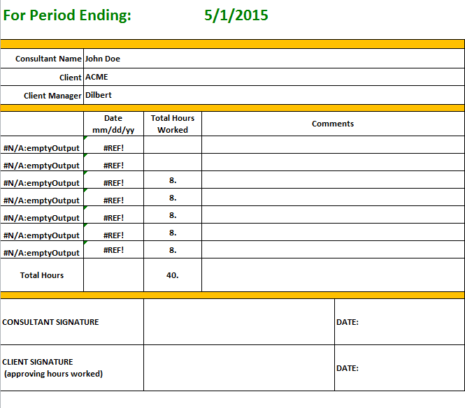 Consultant Timesheet Template for Weekly Report