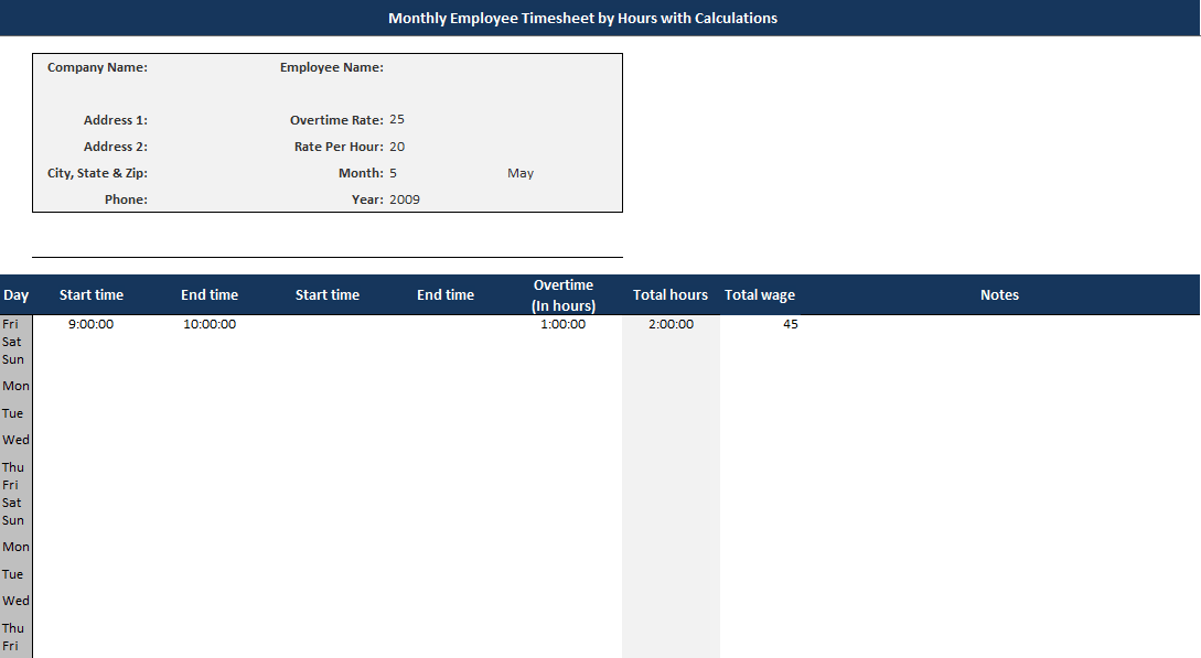 2nd Employee Timesheet Template for Monthly Basis and Pay Roll Calculations