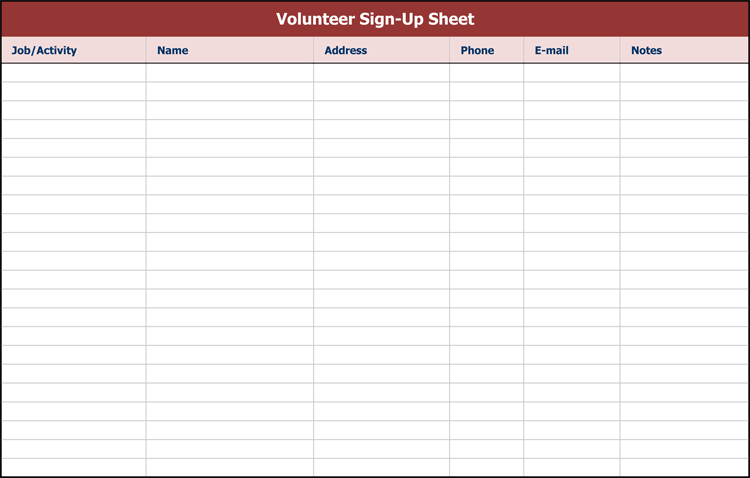 Volunteer Sign Up Sheet Template Free