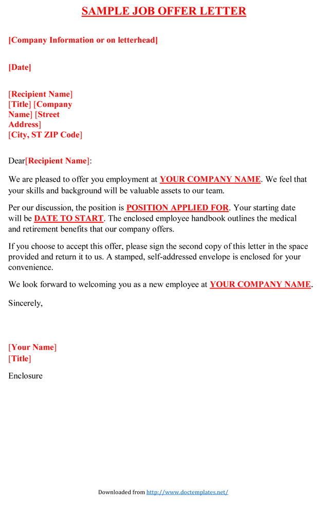 Sample Of Offer Letter For Employment from www.doctemplates.net