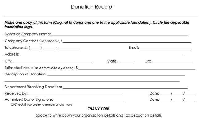 In Kind Donation Receipt Template