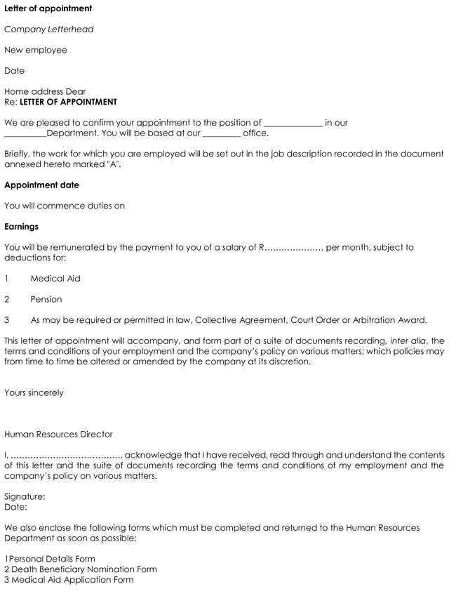 appointment letter format in word