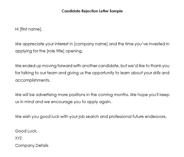 Job Rejection Email Sample