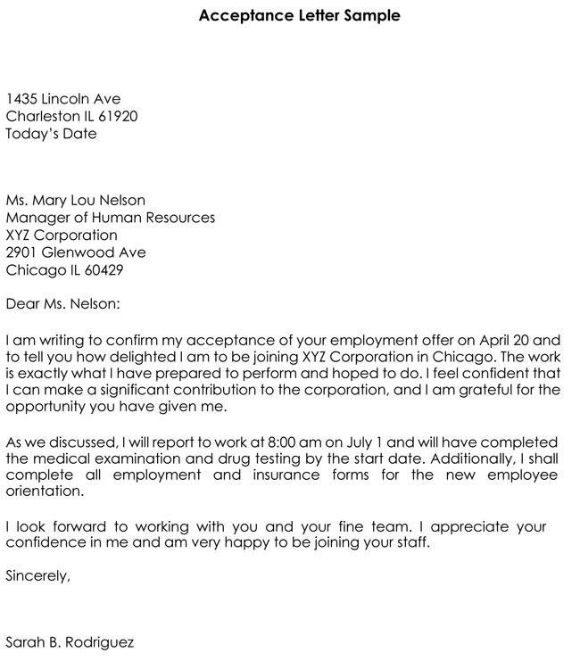 Job Acceptance Letter How To Write And Format 28 Examples