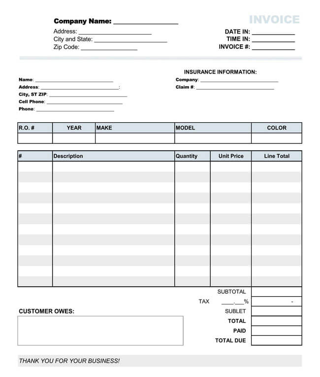 Mechanic Service Invoice Template