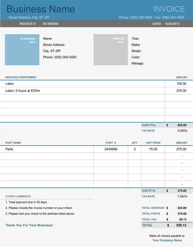 7 Free Auto Repair Invoice Templates Word Excel