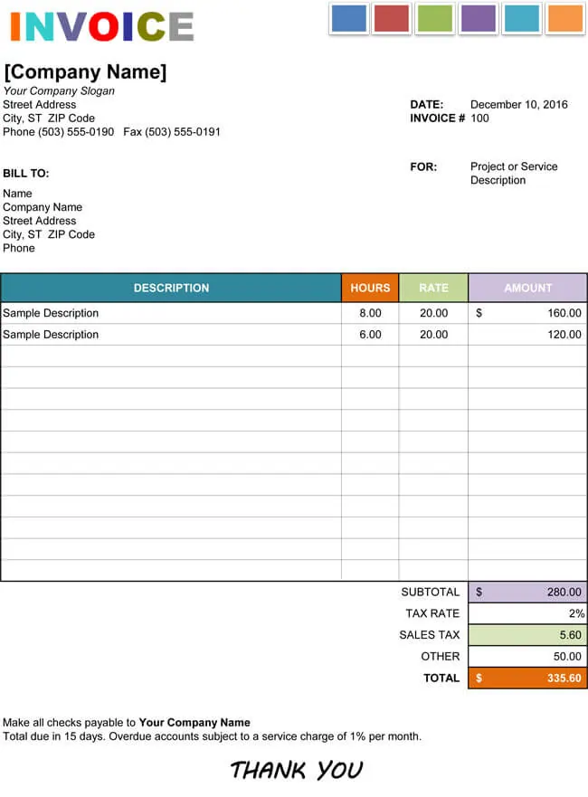 Hourly Service Invoice Template for Excel 01