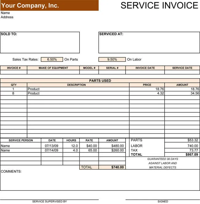 Product Invoice Template with Hourly Service Charges