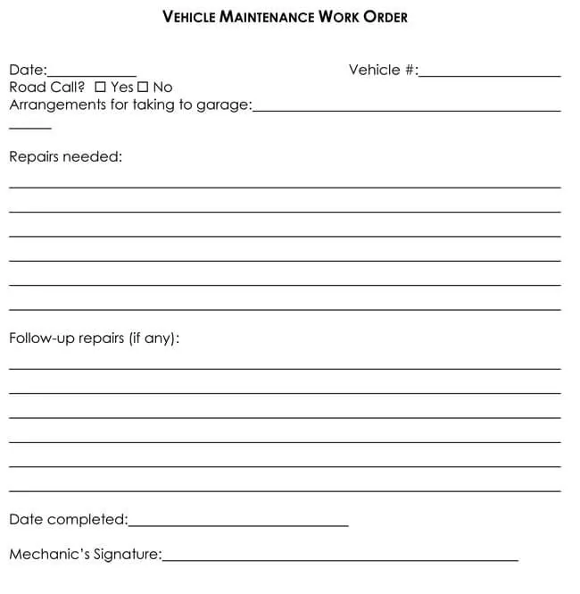Vehicle Maintenance Work Order Sheet in Microsoft Word