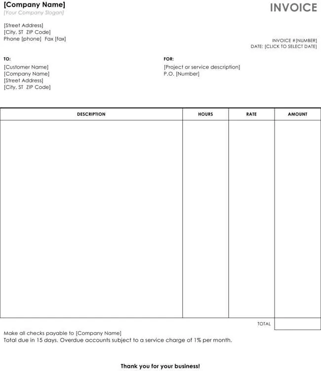 Hourly Service Invoice Template for Microsoft Word 05