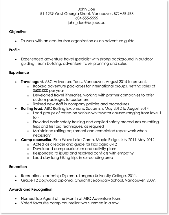 travel job resume template
