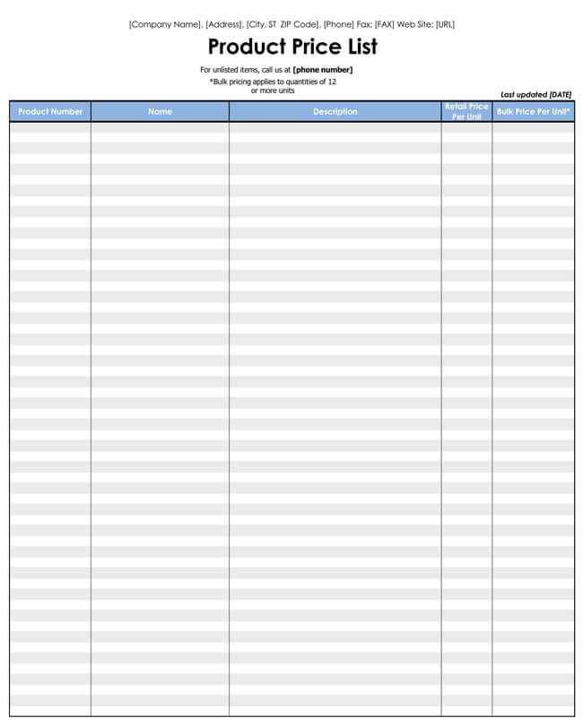 Product Price List Template
