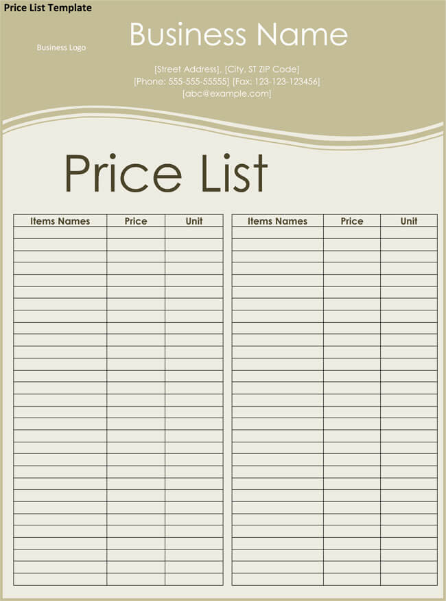 Editable Price List Template Word