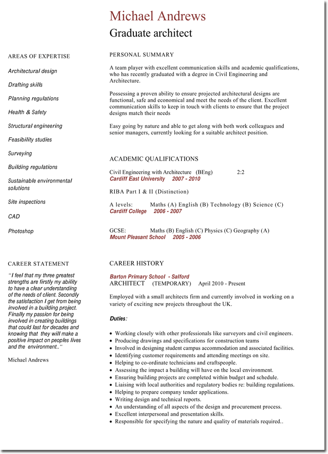 free printable cv examples for architecture job  with
