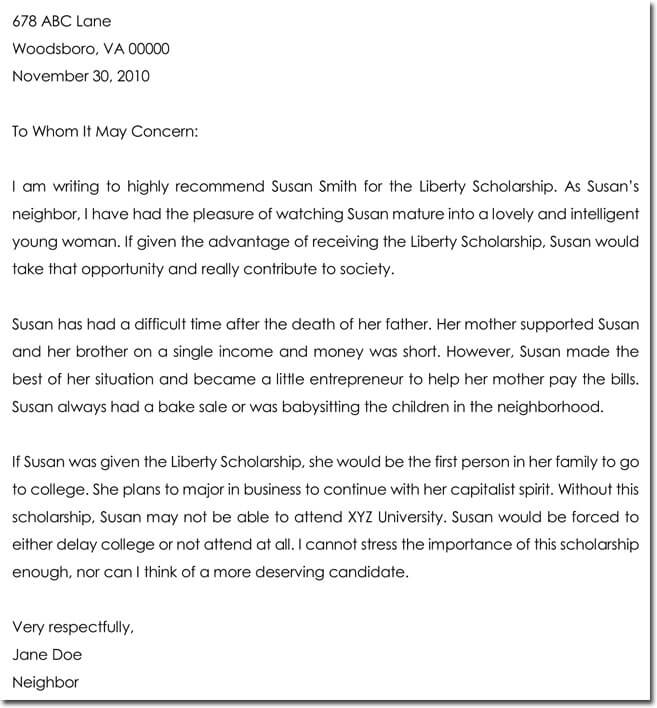 Free Sample Letter Of Recommendation For College Scholarship