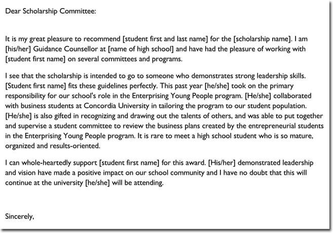 Letter of Recommendation for Scholarship from Teacher