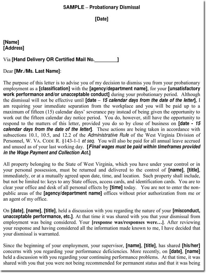 Probationary Employee Dismissal Termination Letter Sample