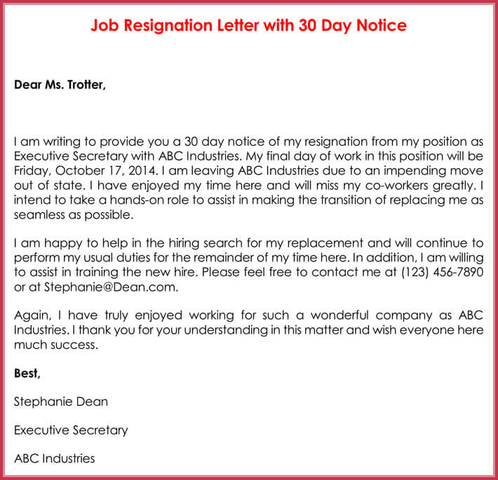 30 Day Notice Resignation Letter Template