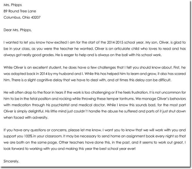 sample letter to teacher about my child