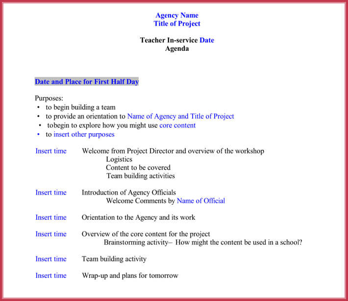 Teacher Meeting Agenda Template from www.doctemplates.net