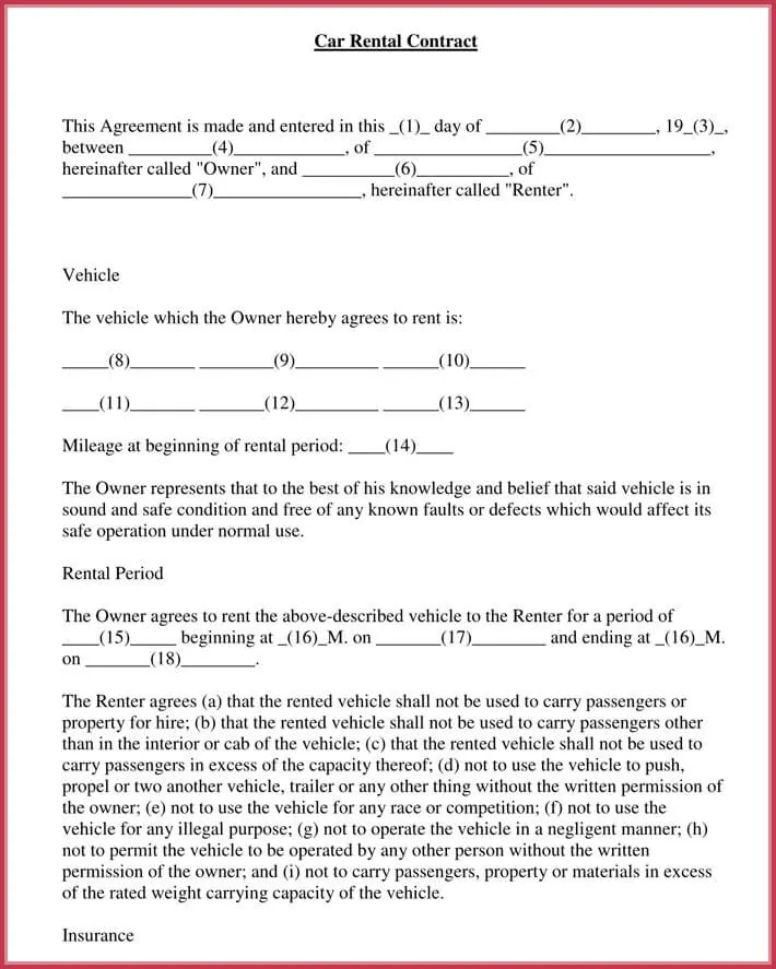 12 Free Car Rental Lease Agreement Forms Templates