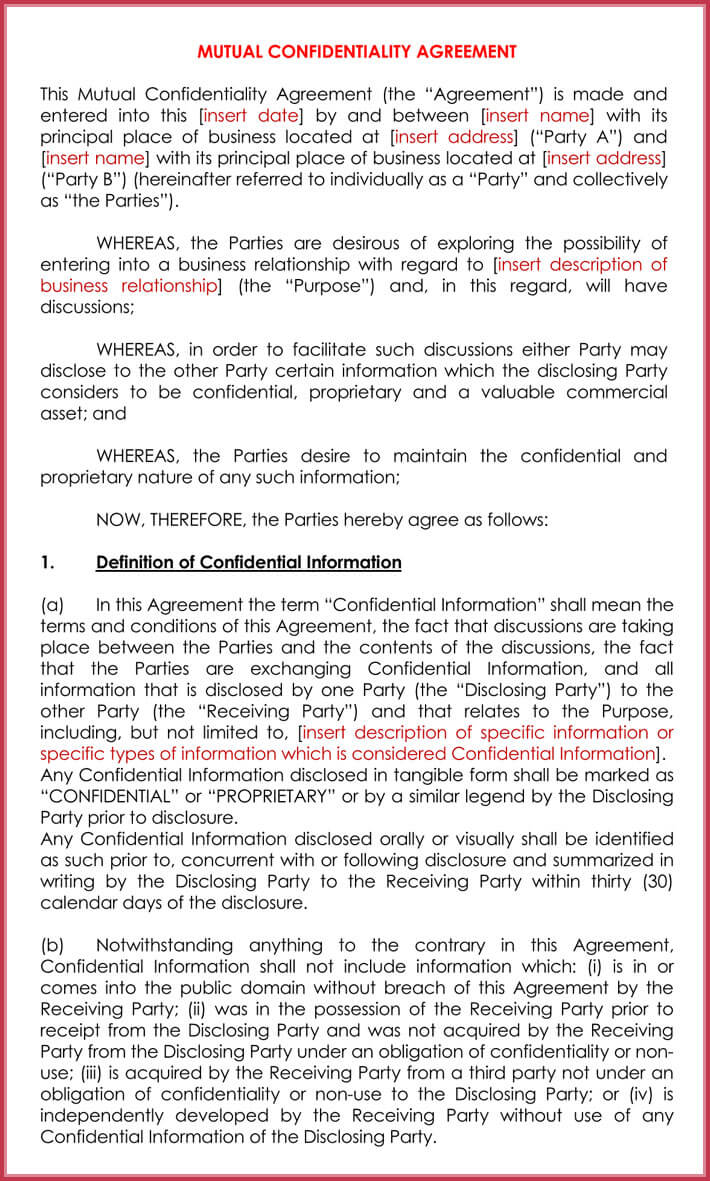 Mutual Confidentiality Agreement Template