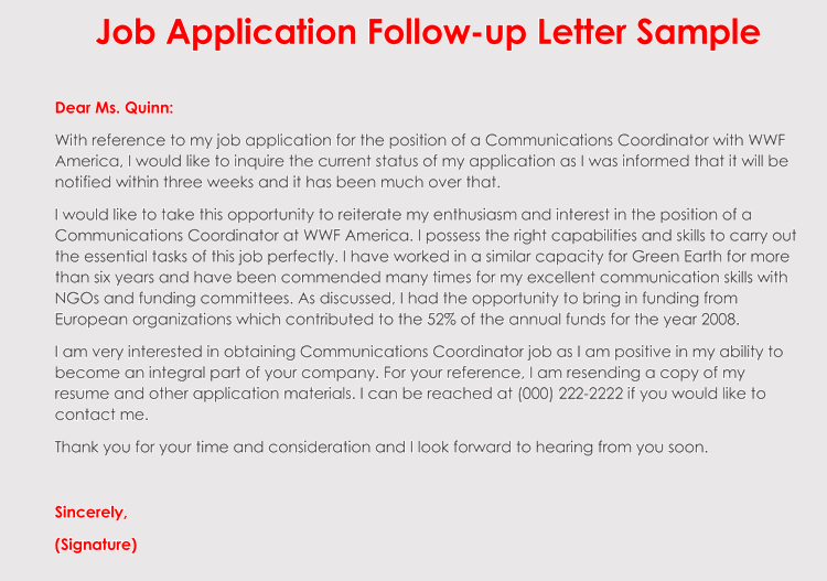 Sample Follow Up Letter After Application