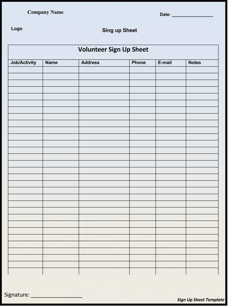 Volunteer Sign-Up Sheet Template 02