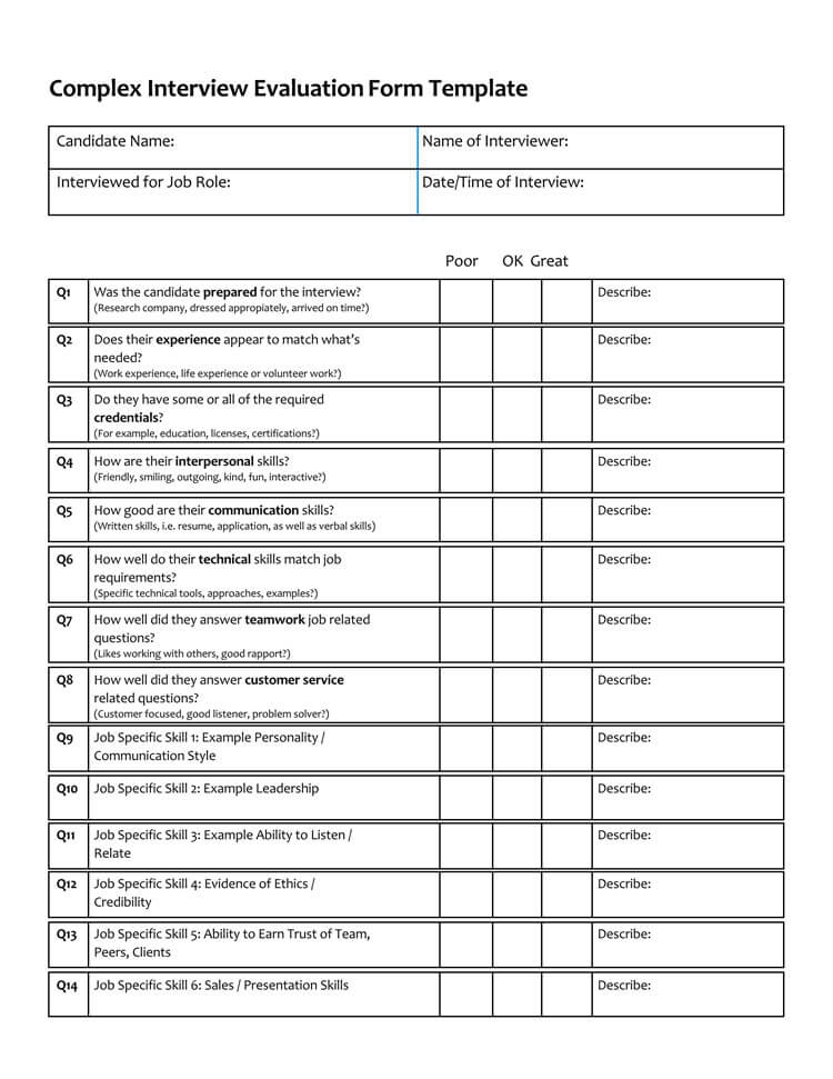 Complex Interview Evaluation Form Template