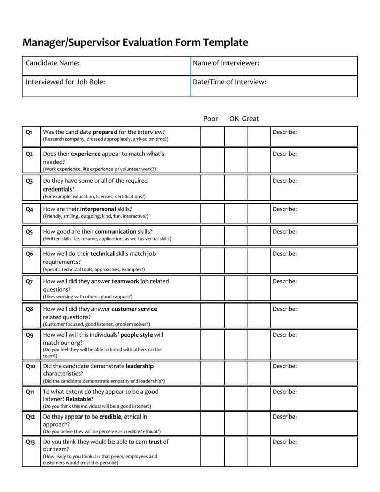Manager Interview Evaluation Form Template
