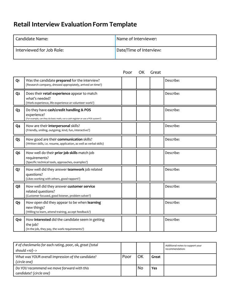 Retail Interview Evaluation Form Template