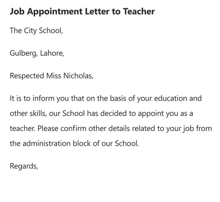  Sample Appointment Letter for Teacher