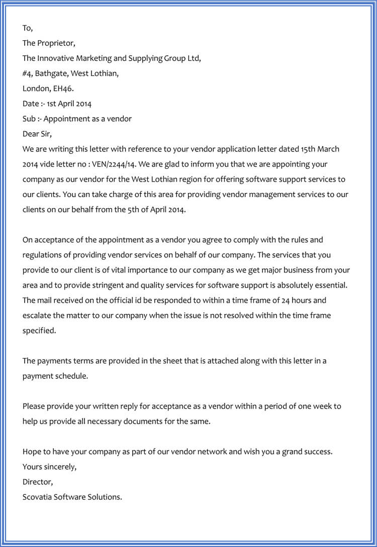 Sample Vendor Appointment Letter
