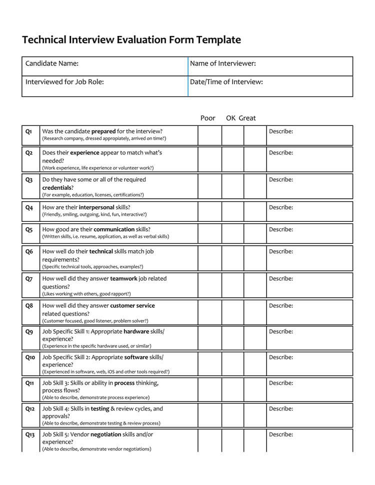 Technical Interview Evaluation Form Template