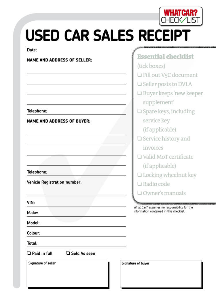 Used Car Sales Receipt Template