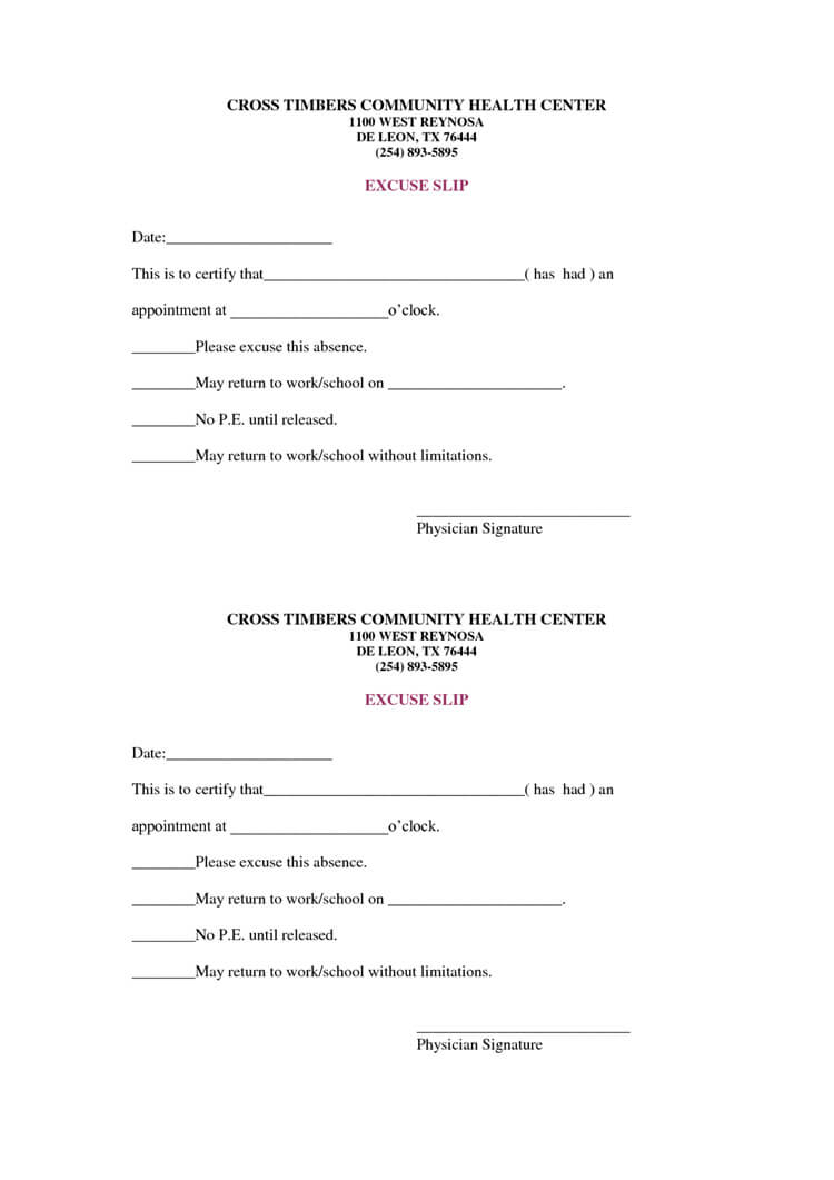 Absence Slip Template