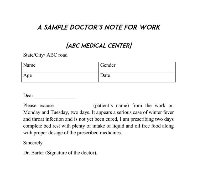 Medical Doctors Note For Work Template