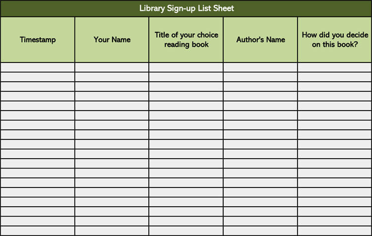 Library Sign-up List Sheet Template