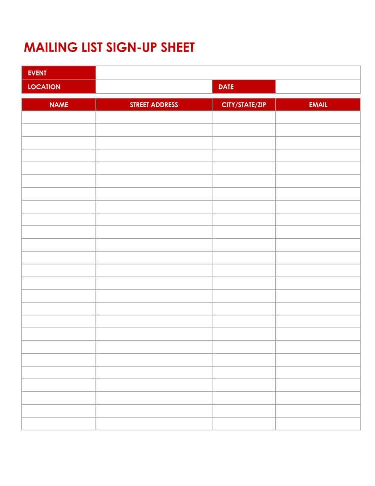 Mailing List Sign Up Sheet Template