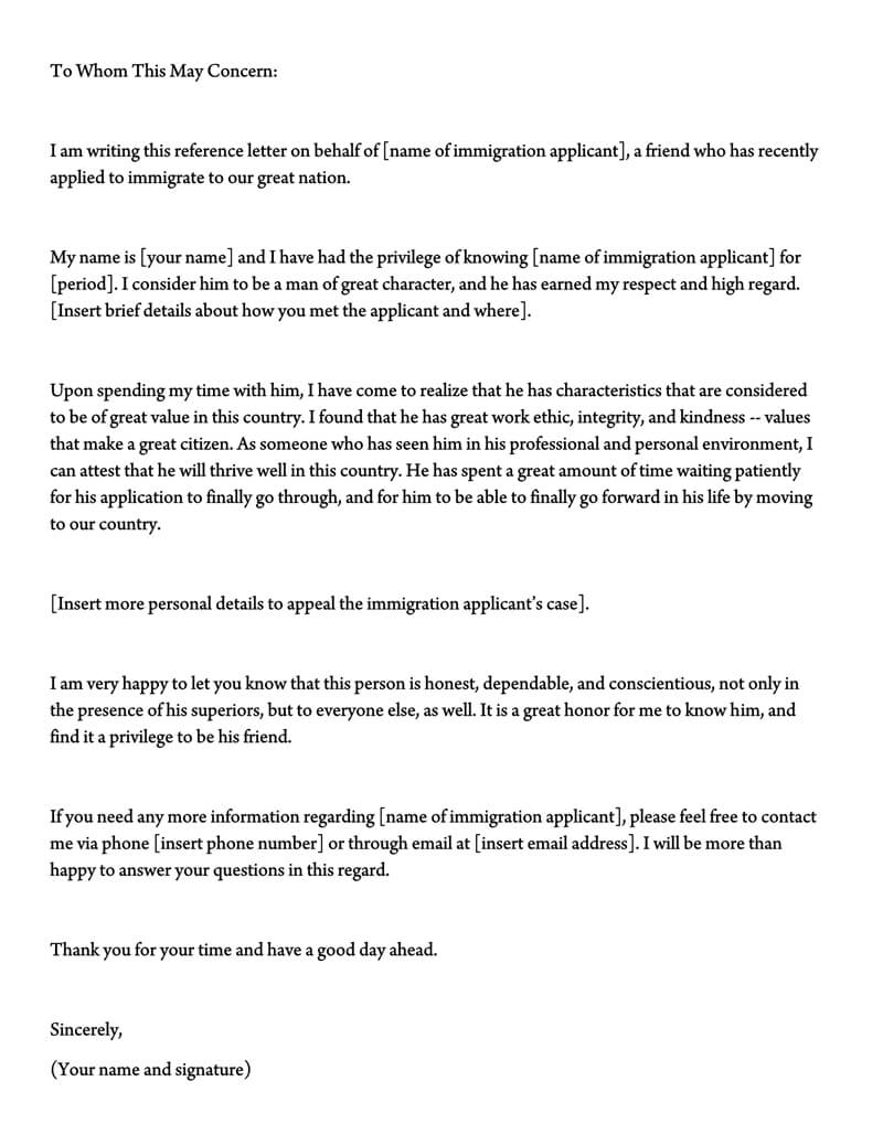 Immigration reference letter template