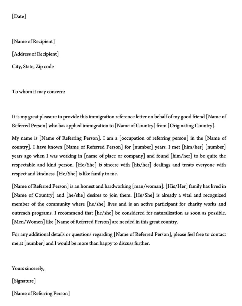 Immigration Reference Letter For A Friend Template