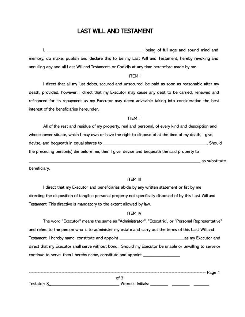 Last Will And Testament Template Free South Africa Printable Templates