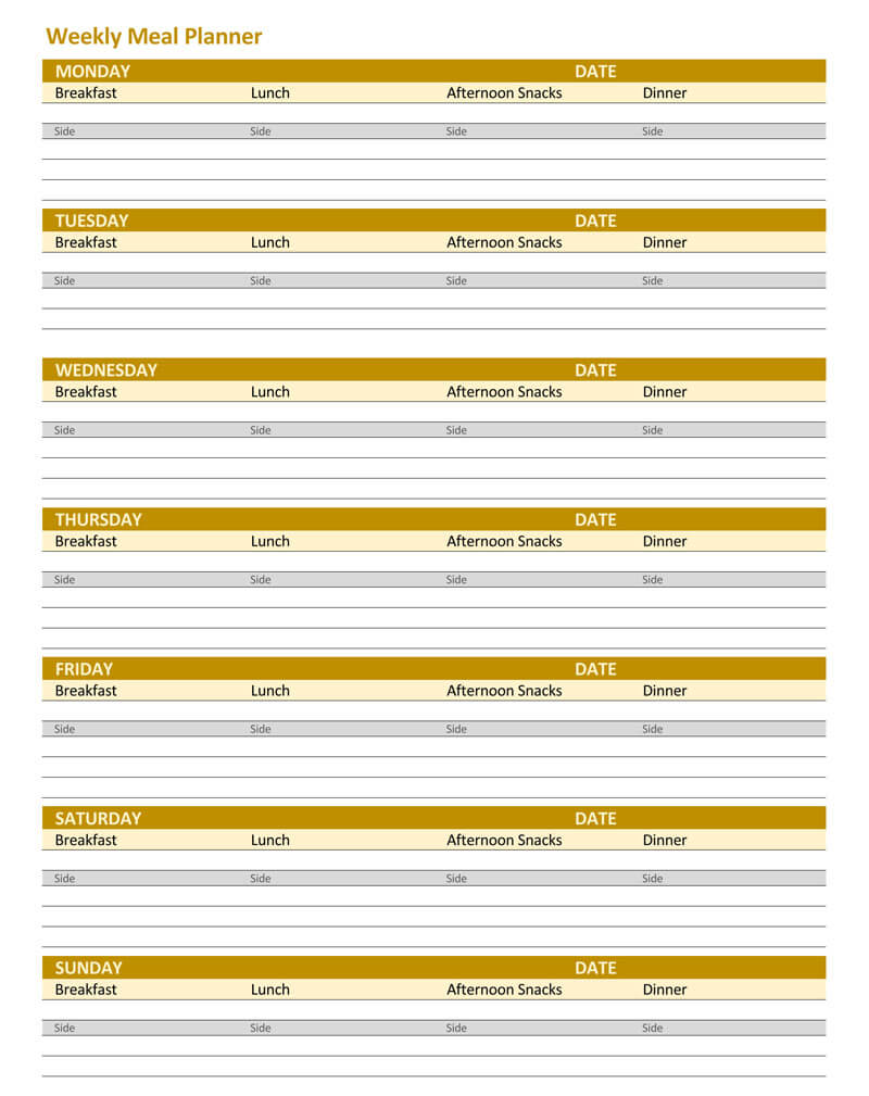 Excel Weekly Menu Template